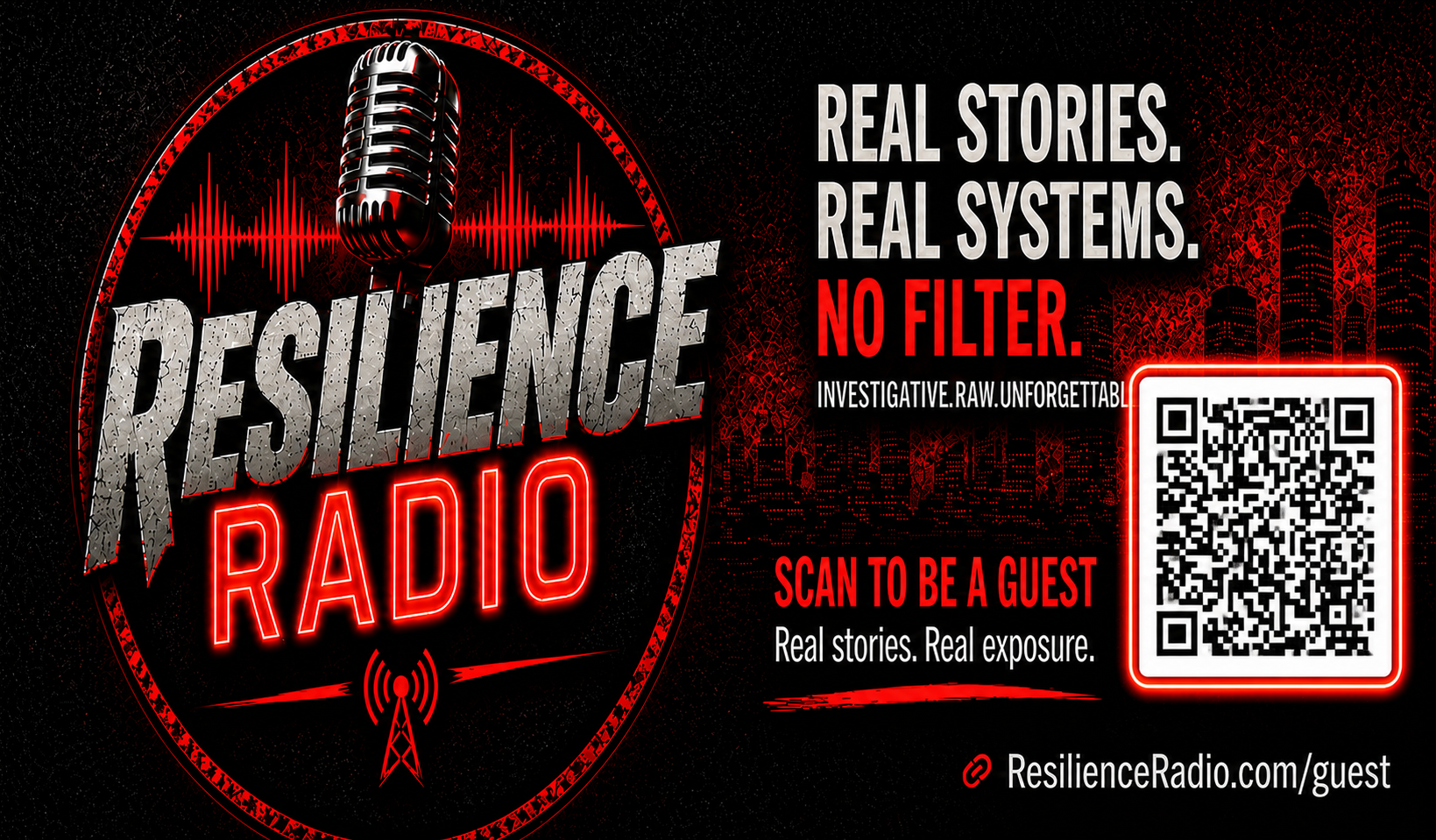 Resilience Radio contact card with social and listening links